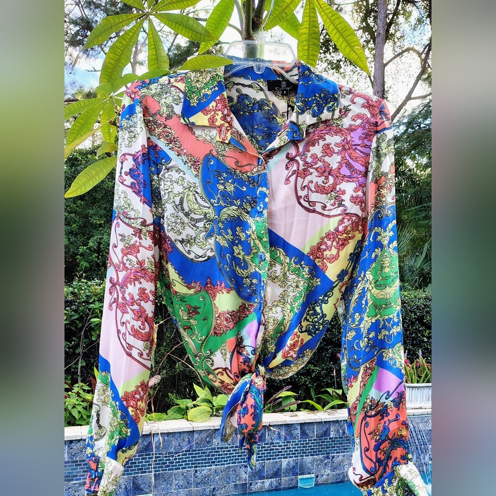 NEW Boho France Scarf Patchwork Tie-front Long Sleeve Button-Up Top Women's Sz L
